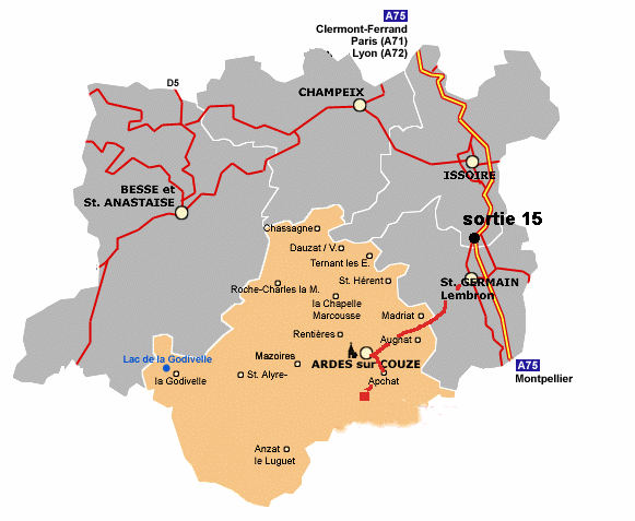 Plan détail du canton d'Ardes sur Couze